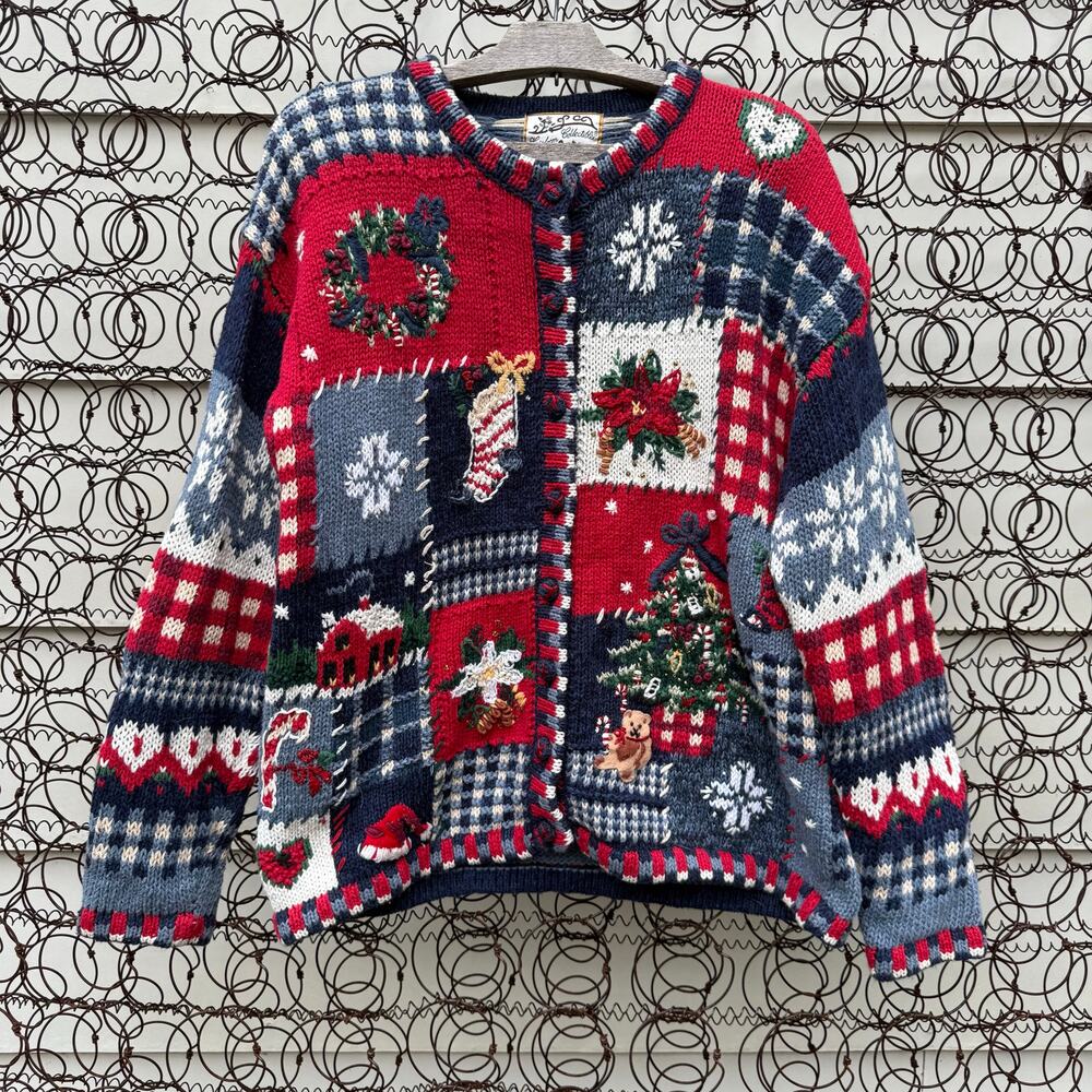 VTG Y2K Heirloom Collectives Mixed Media Patchwork Fair Isle Christmas Cardigan